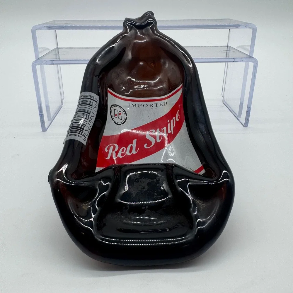 Red Stripe Melted Beer Bottle Tray Recycled Slumped Glass Spoon Rest Barware